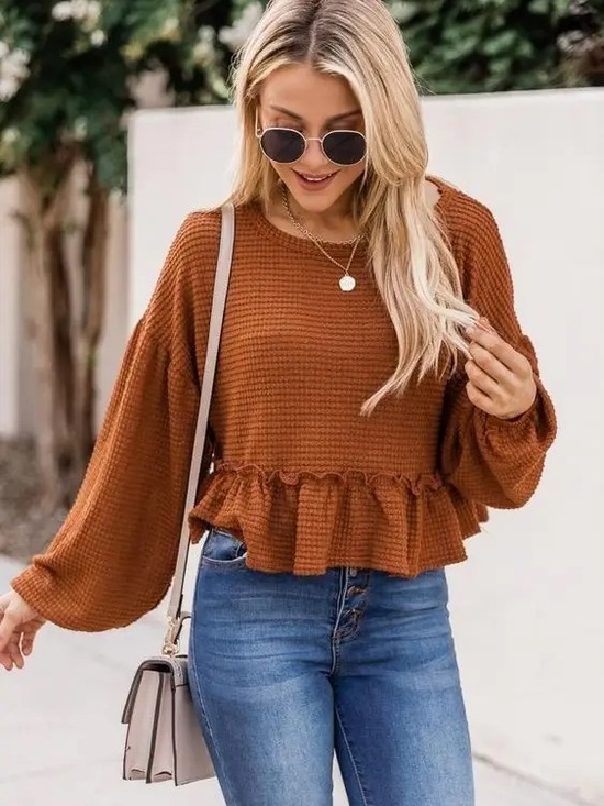 Pink Lily Tops - Pink Lily Tan Waffle Babydoll Top
